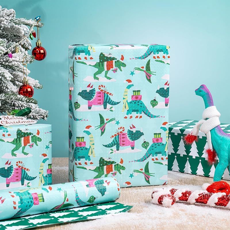 Reversible Christmas Dinosaur Wrapping Paper Roll - 17in x 16.4ft, Blue/Green with Dino & Tree Design (Variation: Christmas Dinosaur & Plaid+17 in x 16.4 ft)