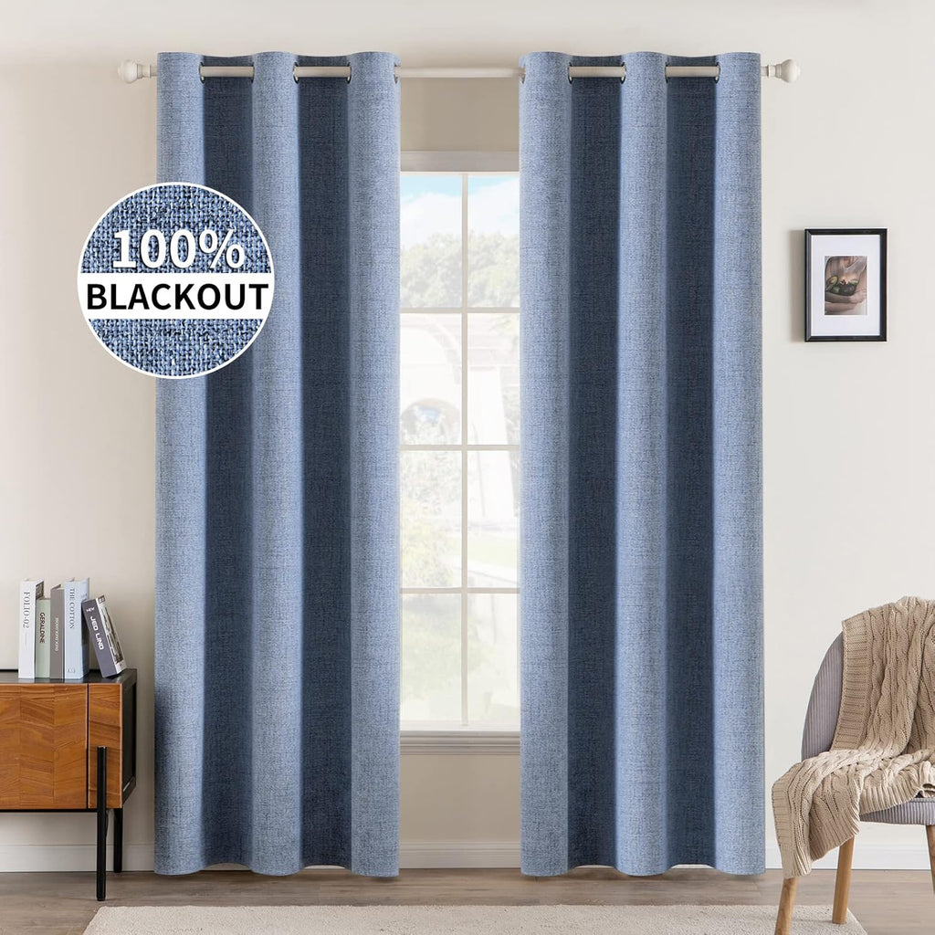 MIULEE Linen Blackout Curtains - 100% Room Darkening Thermal Insulated Grommet Panels | 42x84 inches, Stone Blue