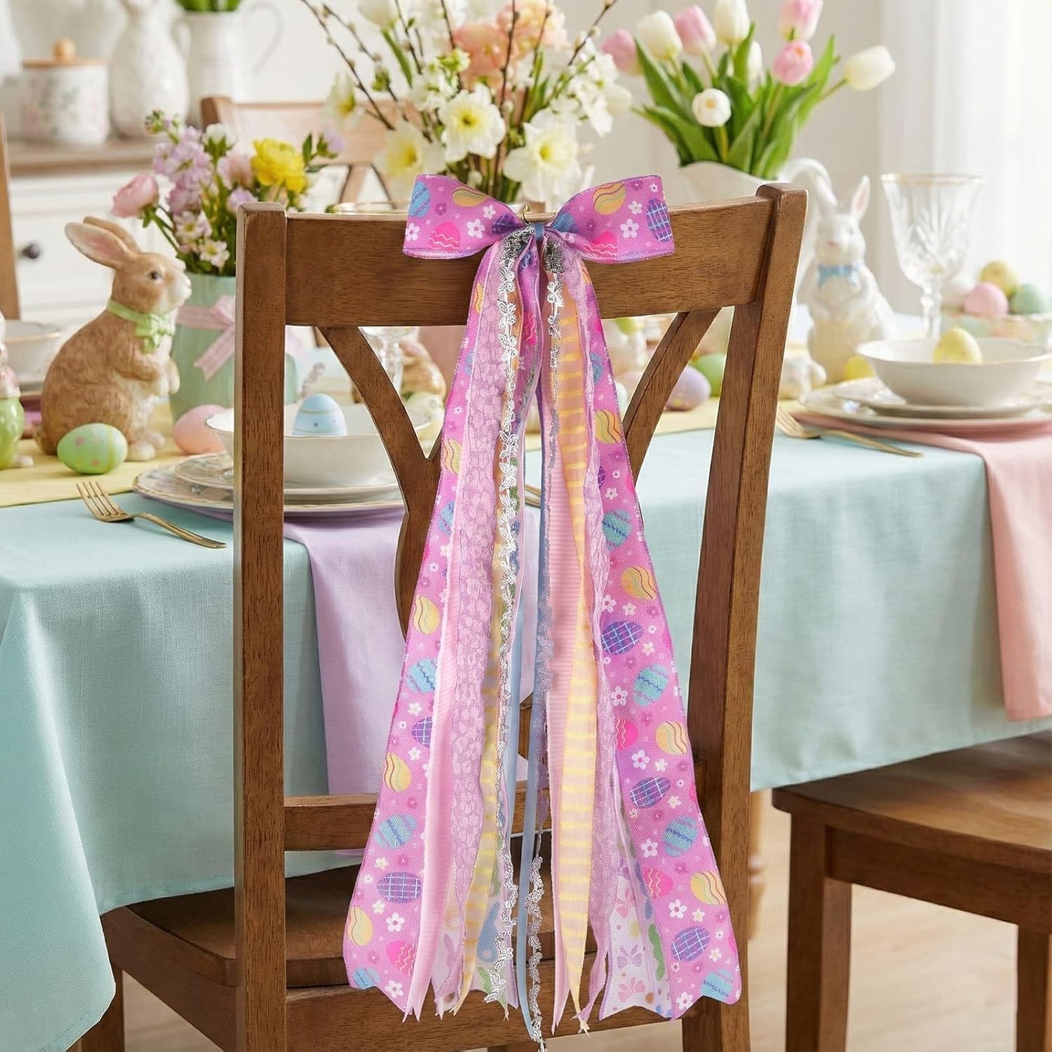 YKW Easter Bow Door Decoration - 27.5" Purple Lavender Floral Wreath with 8 Ribbons | Ready to Hang