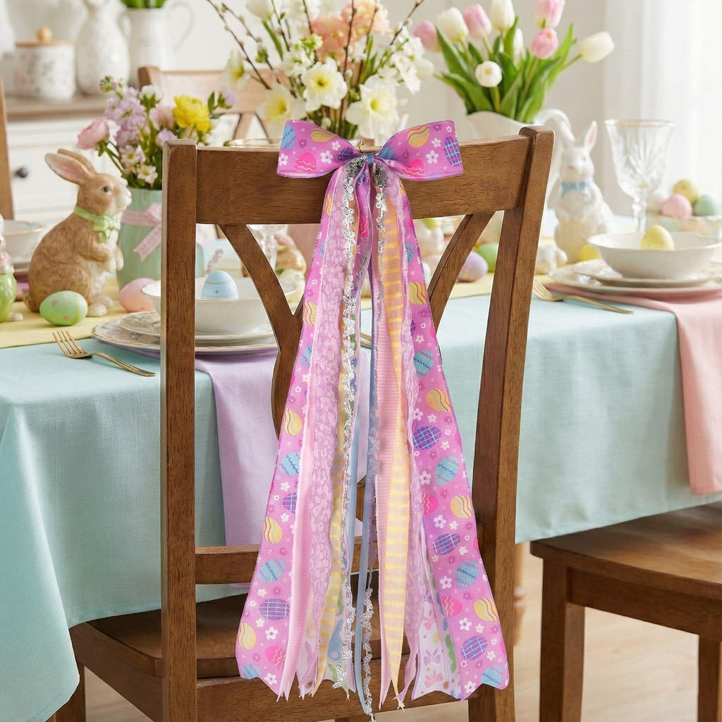 YKW Easter Bow for Door with 8 Ribbons, 27.5" Spring Wreath Sash Purple Lavender Floral, Ready to Hang Front Door Decoration Metal Clip, Home Farmhouse Party Decor
