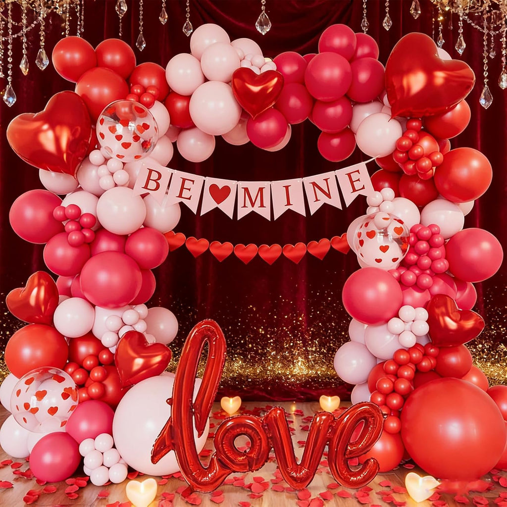 CboDeco Pink and Red Balloon Arch Kit, Red and Pink Balloons Garland With Heart Foil Balloon, Rose Petals, Banner & Garland for Valentine's Day Wedding Engagement Anniversary