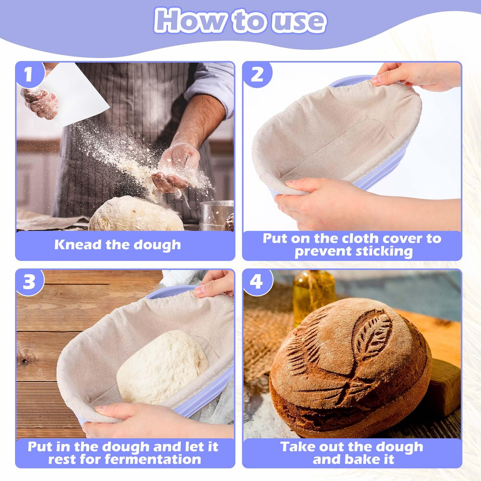 Nuogo 9 Pack Oval Bread Proofing Basket Silicone 10 Inch Collapsible Sourdough Bread Baking Supplies Dough Proofing Bowl with Dough Scraper and Basket Covers (Purple)