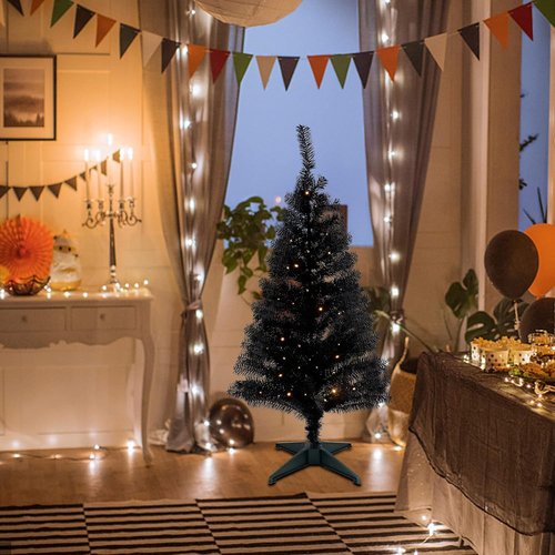 Juegoal Black Christmas Tree - Pre-Lit 4 FT Tinsel Pine with 70 LED Lights & Timer for Halloween Decor