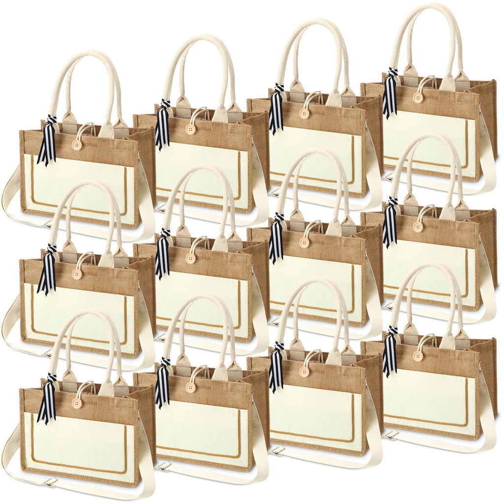 Silkfly 12 Pack Burlap Tote Bags Bulk, Jute Canvas Gift Bags with Handles, 12x 8x 5.5 Inch Reusable Waterproof Beach Bag for Wedding Bridesmaids Teacher Appreciation Gift Graduation Favor(White)