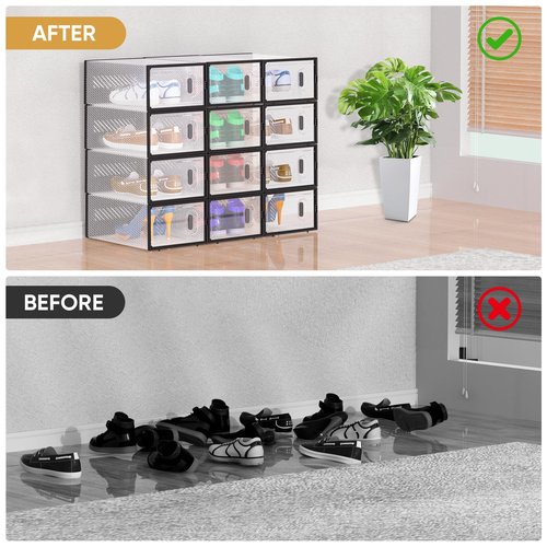 BALEINE 12 Pack Stackable Shoe Storage Boxes Fit Size 9, Thickened Clear Shoe Box Bins with Lids, Plastic Foldable Organizer Sneaker Storage Containers (12 Pack, Large White)