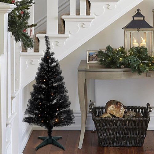 Juegoal Black Christmas Tree - Pre-Lit 4 FT Tinsel Pine with 70 LED Lights & Timer for Halloween Decor