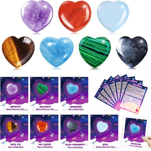 iMopo 28 Pcs Valentines Day Gifts for Kids Classroom - Heart Gemstones with Valentines Cards Goodie Bags, Crystal Rocks Bulk Exchange Party Favors for Girls Boys, School Teacher Prizes