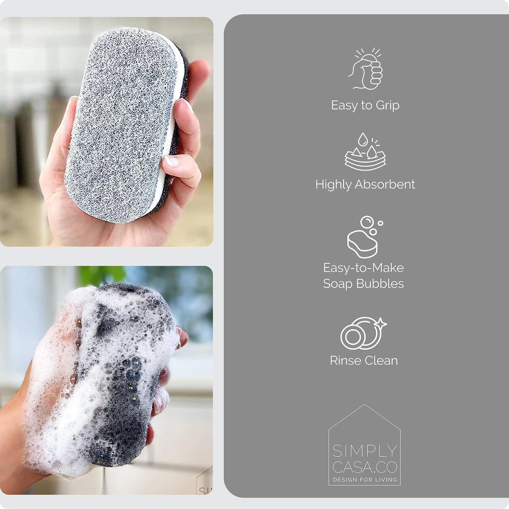SIMPLYCASA Kitchen Dish Cleaning Sponges - Pack of 6 | Non-Scratch & Fast-Drying | Reusable Scrubbers for Kitchen & Household Use | Stylish Black & White Design