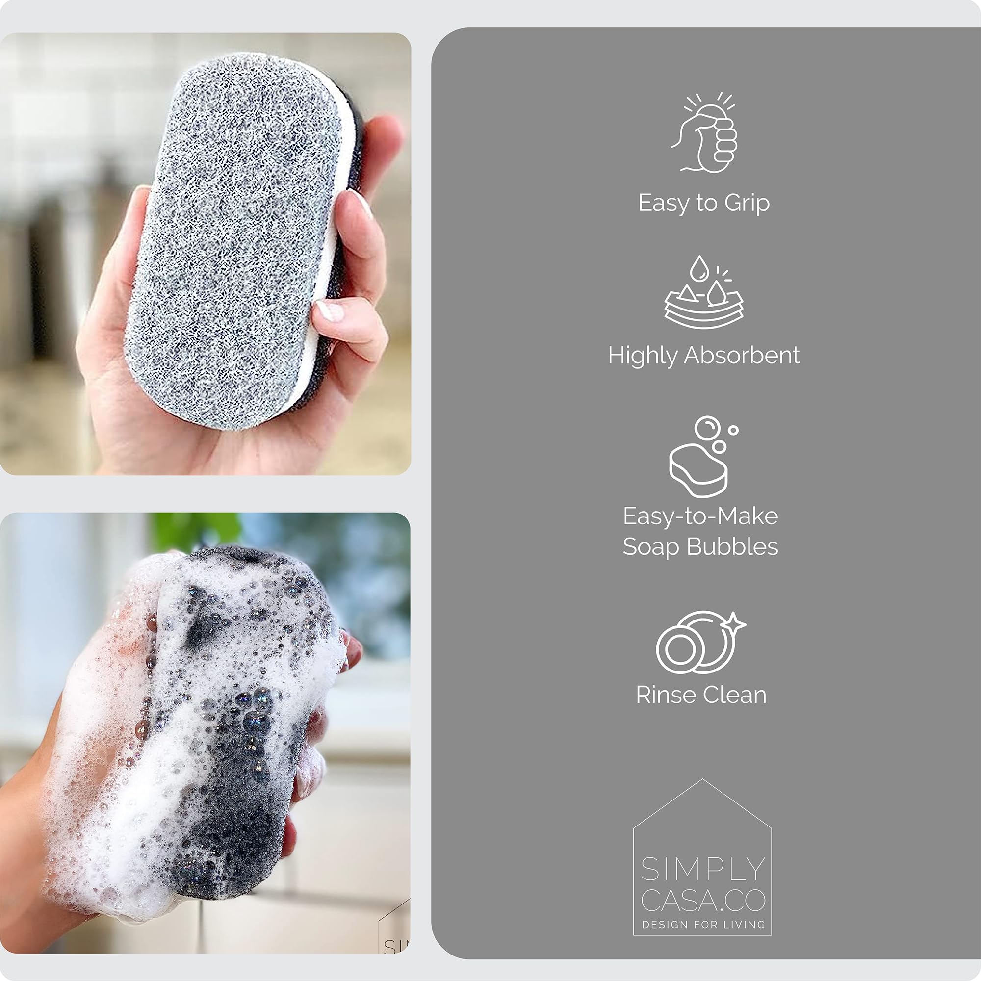 SIMPLYCASA Kitchen Dish Cleaning Sponges - Pack of 6 | Non-Scratch & Fast-Drying | Reusable Scrubbers for Kitchen & Household Use | Stylish Black & White Design