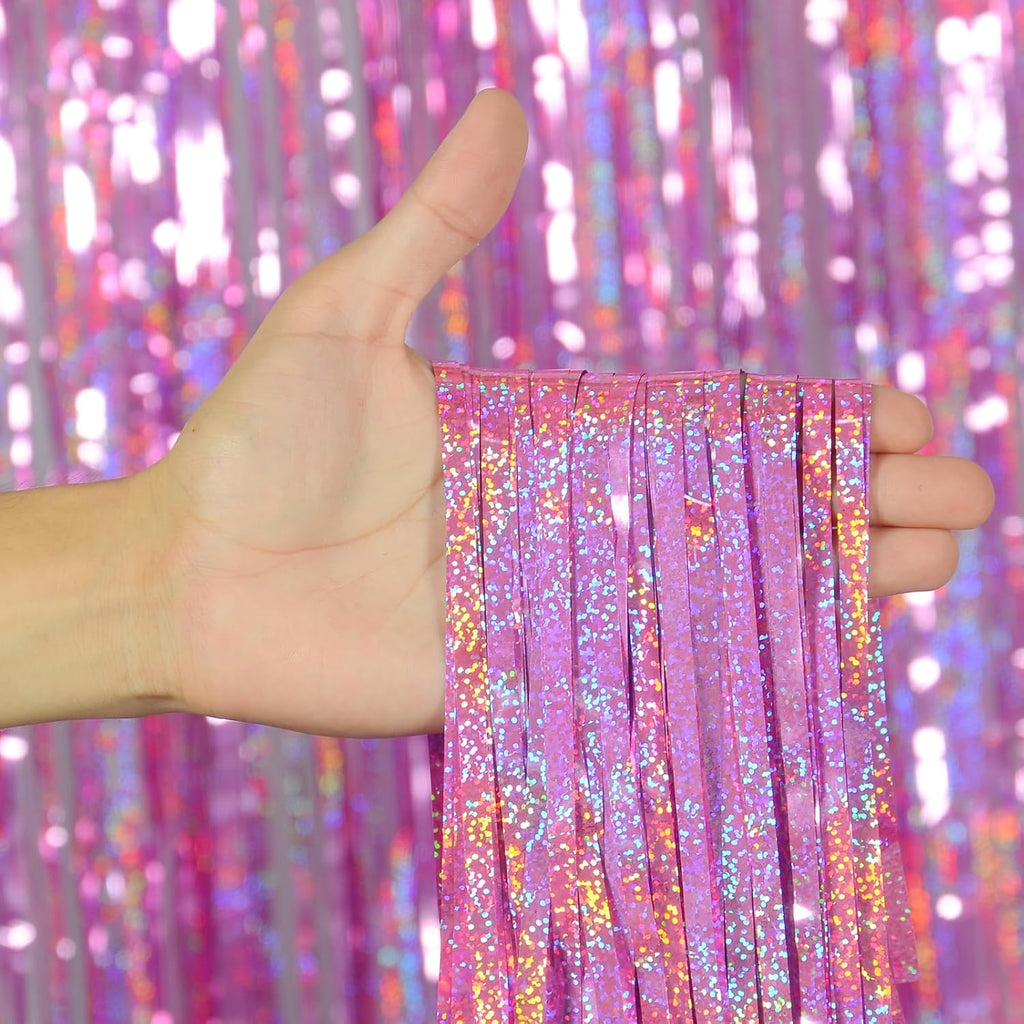 Melsan Pink Foil Fringe Curtain - Shiny Tinsel Backdrop for Bachelorette Parties | 3 Pack, 3.2 x 8.2 ft