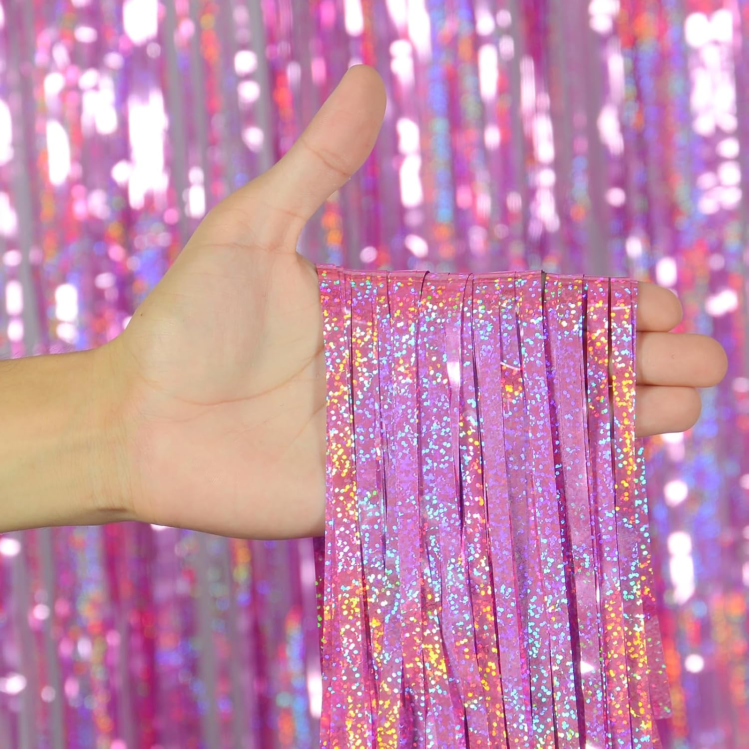Melsan Pink Foil Fringe Curtain - Shiny Tinsel Backdrop for Bachelorette Parties | 3 Pack, 3.2 x 8.2 ft