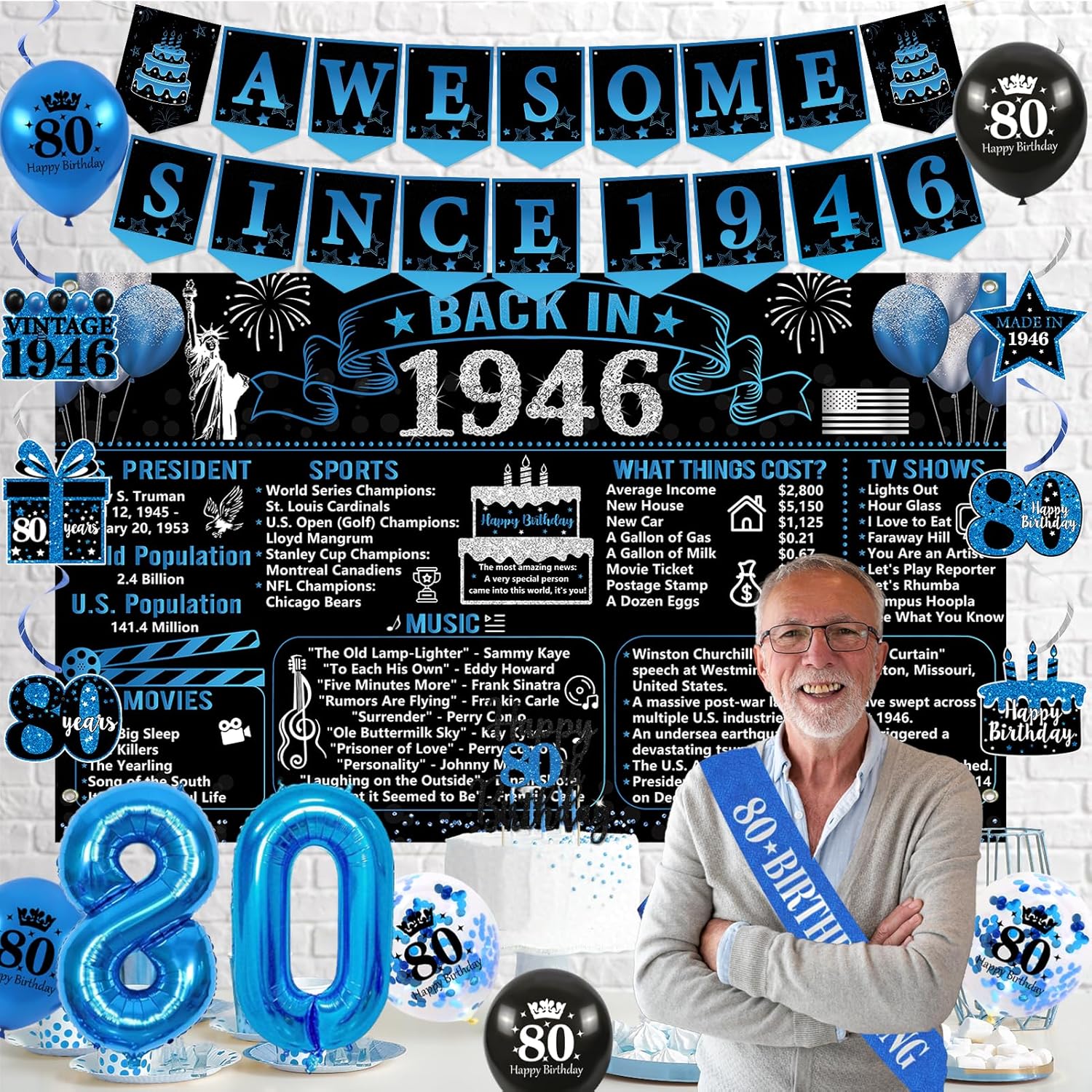 Trgowaul 80th Birthday Decorations - 20PCS Black & Blue Party Supplies Set | Banner, Sash, Cake Topper & Balloons