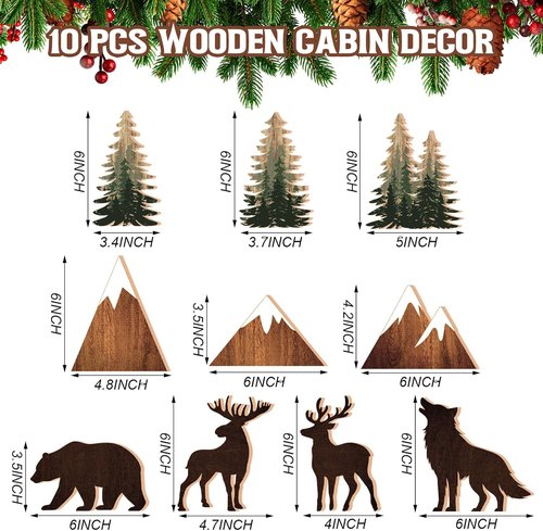 DoubleFill Wooden Forest Animals Decor - 10 Pcs Rustic Bear & Pine Tree Signs for Cabin & Home Office
