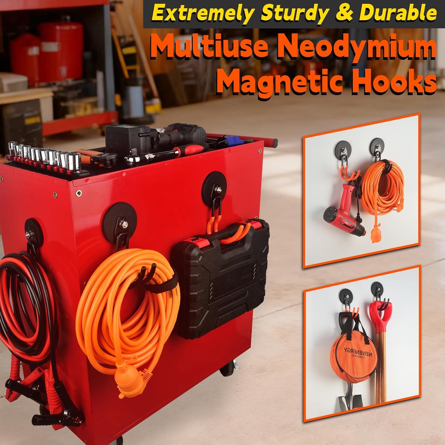 ULIBERMAGNET Ultra-Strong Magnetic Hooks - 40LB Heavy Duty Hold for Tools & Cords | 2 Pack, Orange, 3.46 Inch