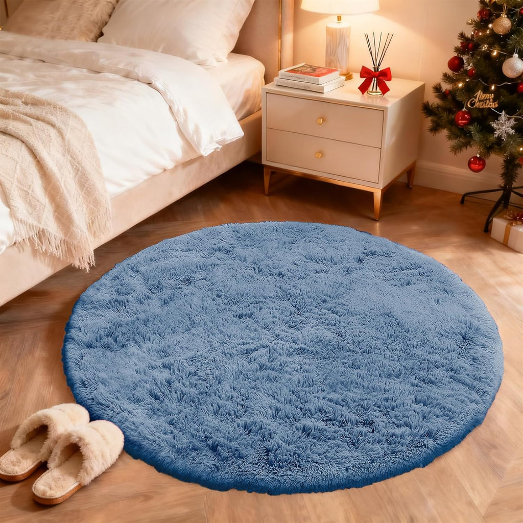 OLANLY Blue Round Rug - Soft, Fluffy Shaggy Carpet | 4 ft Machine Washable Area Rug for Bedroom & Living Room