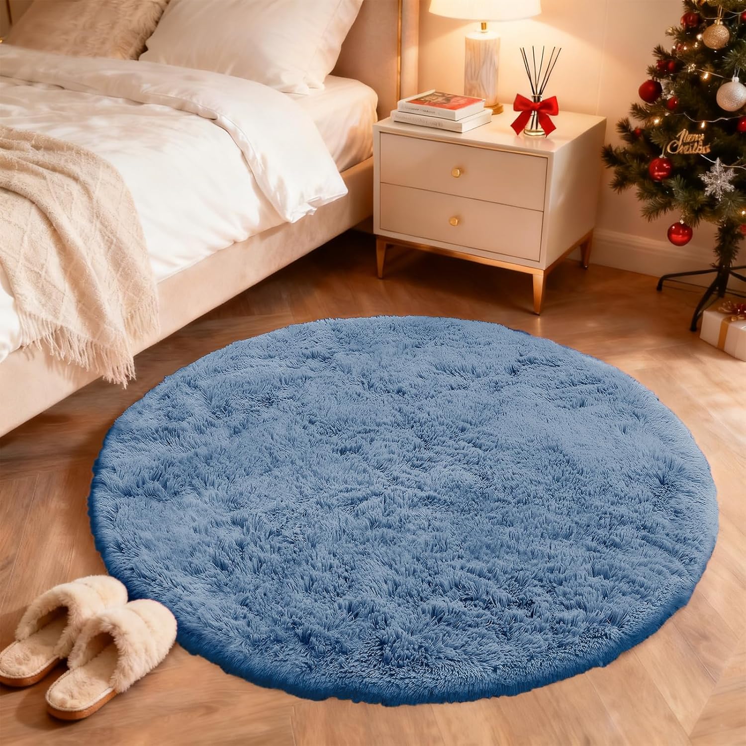 OLANLY Blue Round Rug - Soft, Fluffy Shaggy Carpet | 4 ft Machine Washable Area Rug for Bedroom & Living Room