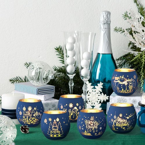 Jingmore Votive Candle Holders - 6-Piece Set with Laser Engraved Patterns for Party Decor | Navy