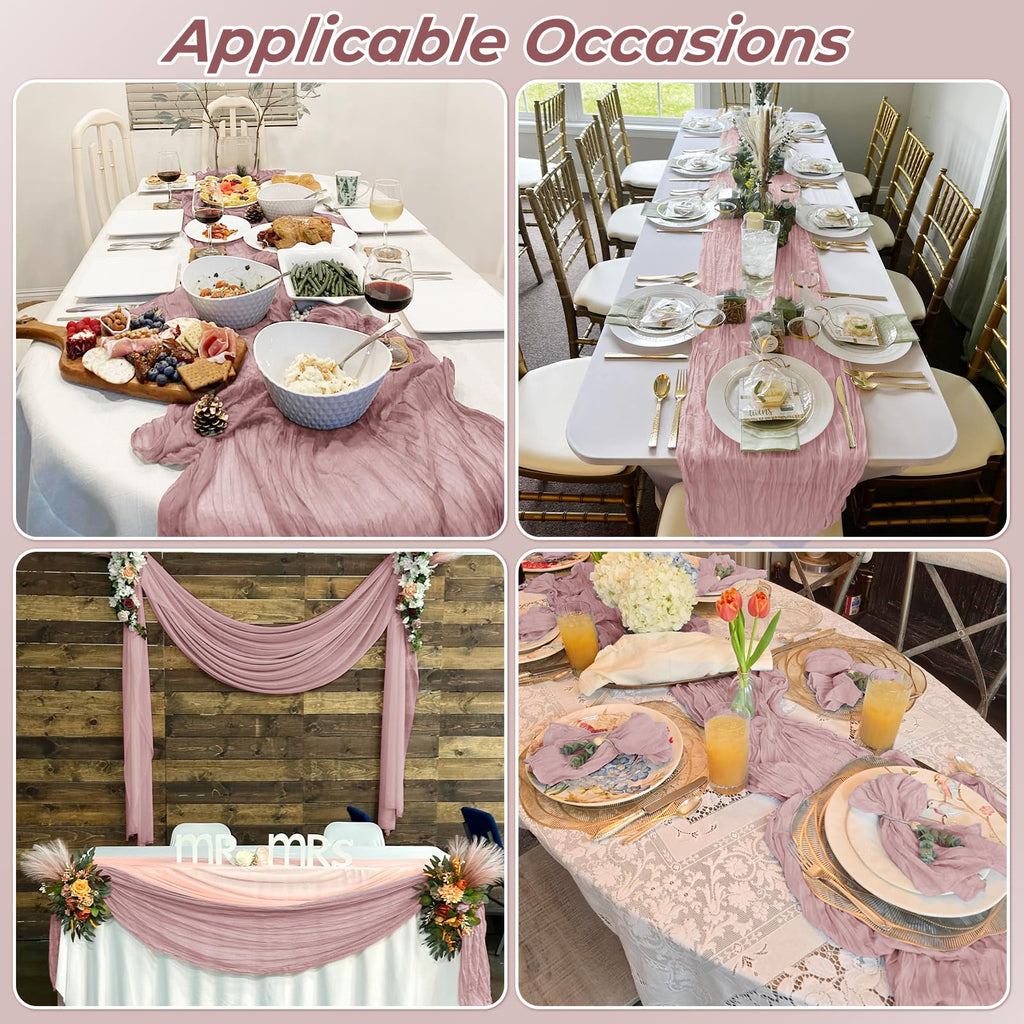 FANTEKE 12 Pack Dusty Pink Cheesecloth Table Runner 20 x 120 Inch Gauze Table Runner Fabric Semi Sheer Cheese Cloth Table Decor Bulk for Rustic Romantic Wedding Baby Shower Party Table Decoration