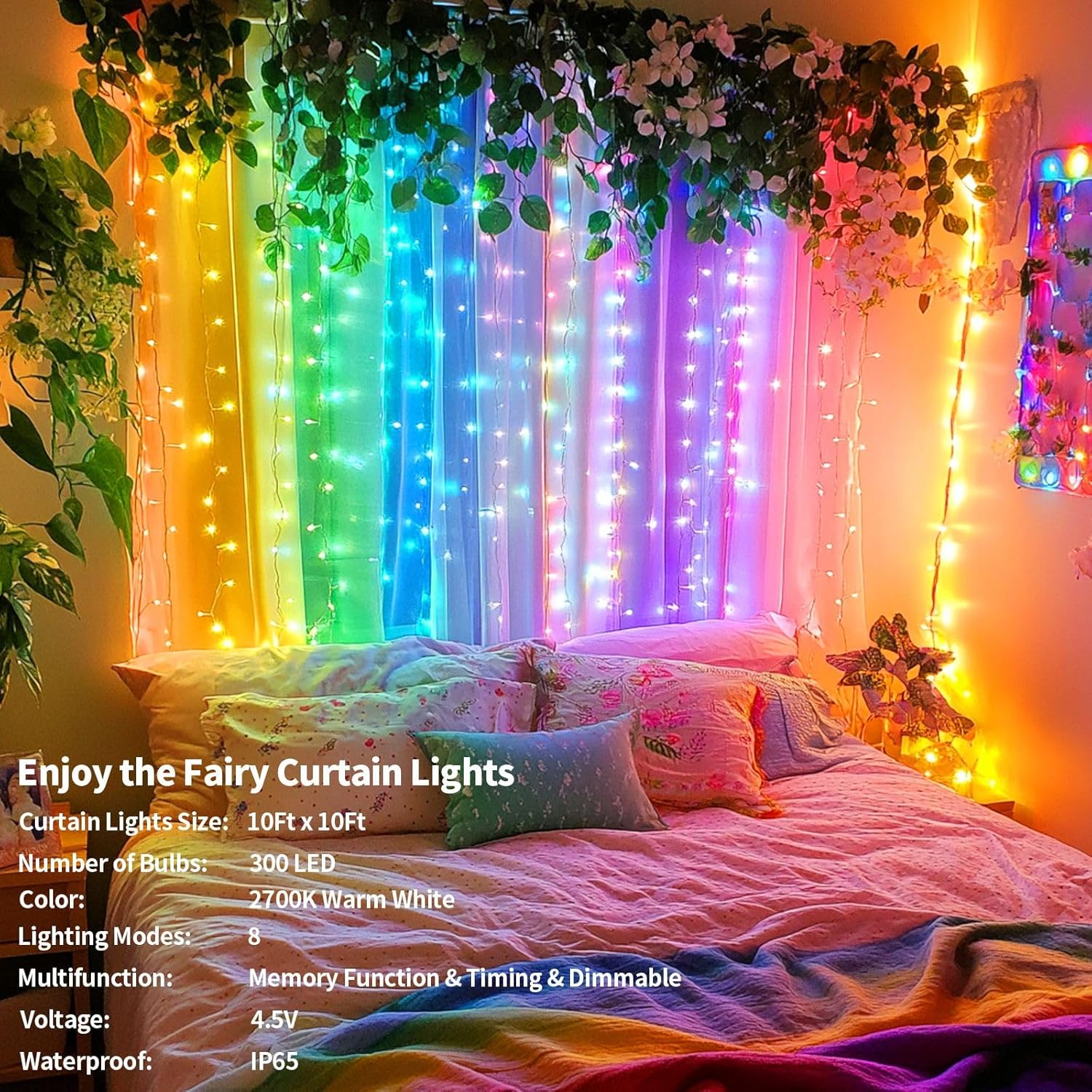 Skiennix Battery Operated Fairy Curtain Lights - 300 LED Multicolor 10ft x 10ft with Remote & Timer for Indoor/Outdoor Decor