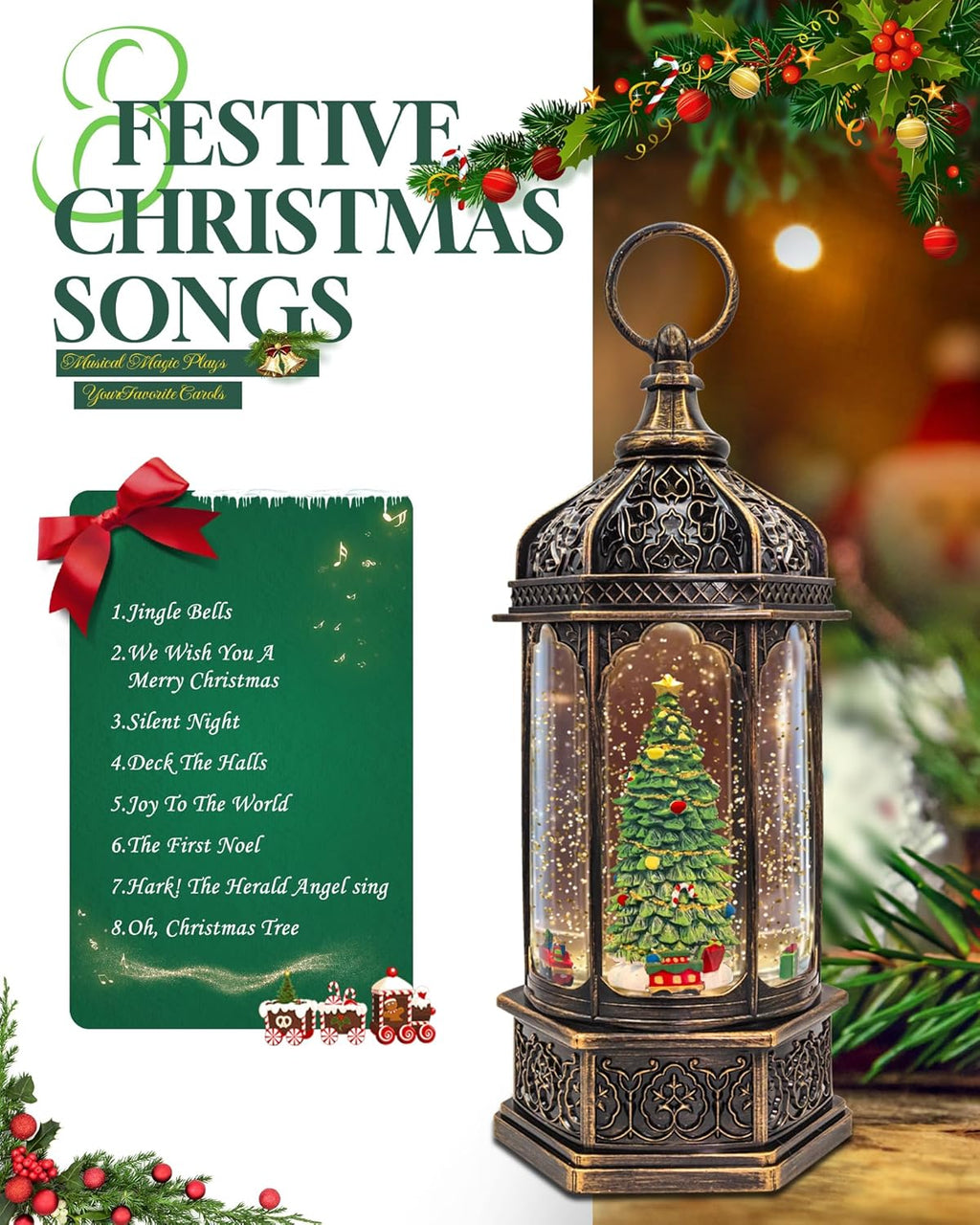 Musical Christmas Tree Snow Globe - Rotating Trains with Timer | 12.7'' Decorative Music Box for Adults