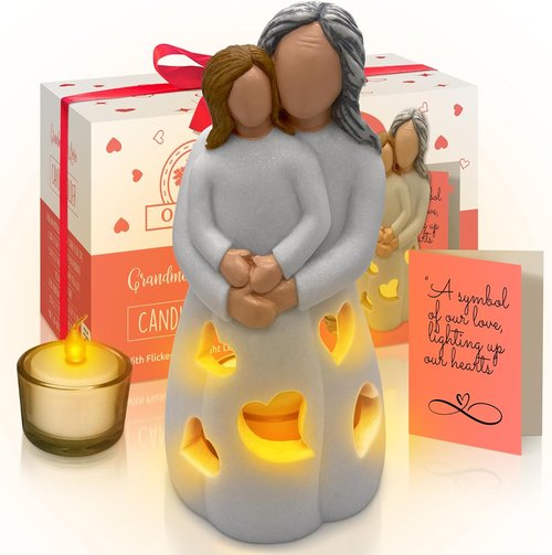Gigi Hand-Painted Grandma-Granddaughter Candle Holder Statue - Flickering LED | Unique Birthday & Christmas Gift