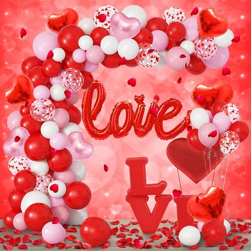 Amandir 263PCS Valentine's Day Balloon Arch Kit - Foil Love & Heart Balloons in Red, Pink, White
