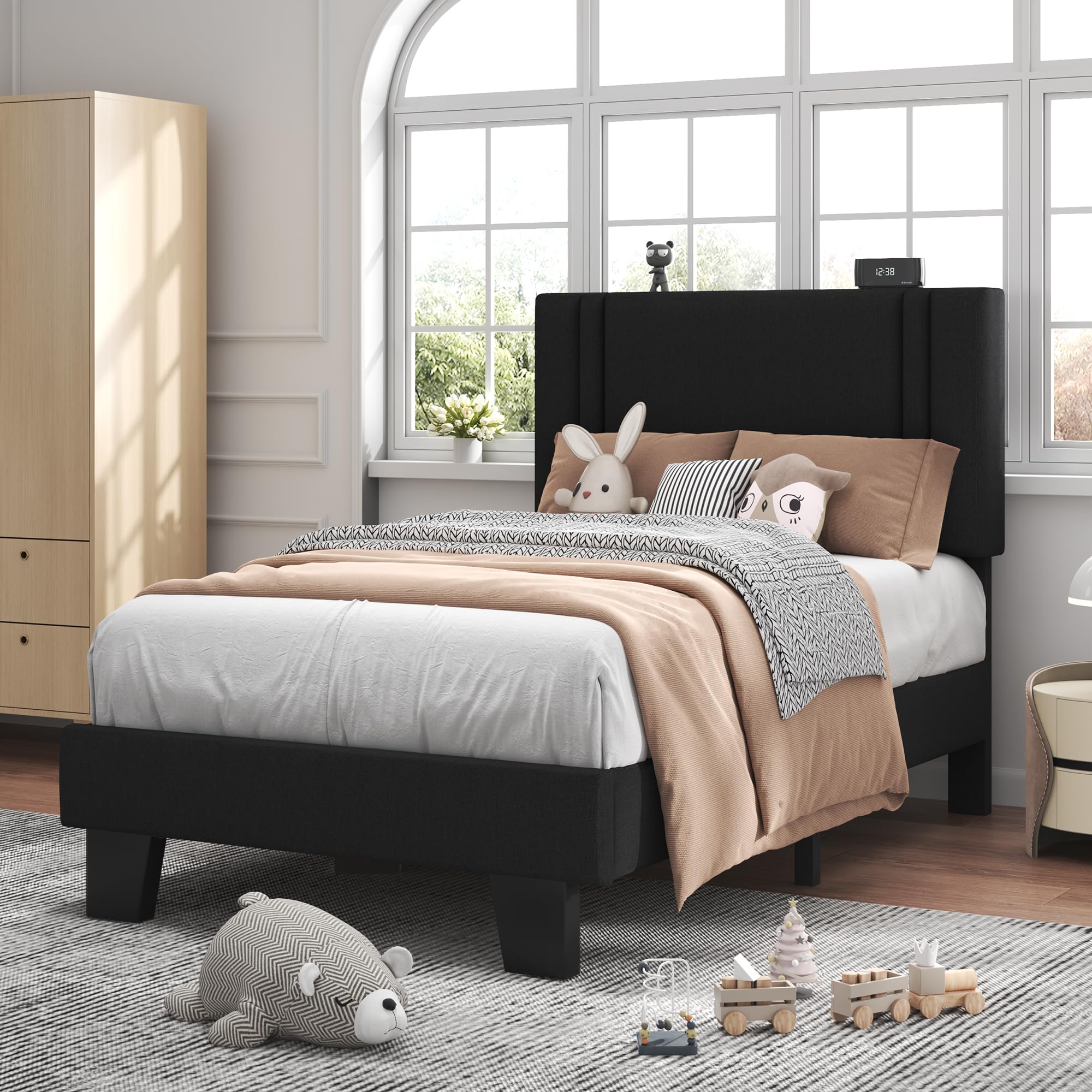 Feonase Twin Platform Bed Frame, Fabric Upholstered Twin Bed Frame, Solid Wood Slats & Heavy Duty Feet Support, No Box Spring Needed, Noise-Free, Easy Assembly, Black