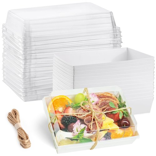 Leafiew 25 Pack 7x5 Inches Charcuterie Boxes with Clear Lids - Individual To Go Paper Charcuterie Board with Lid, Disposable Food Containers for Desserts, Cookie, Food, Charcuterie Accessories (White)