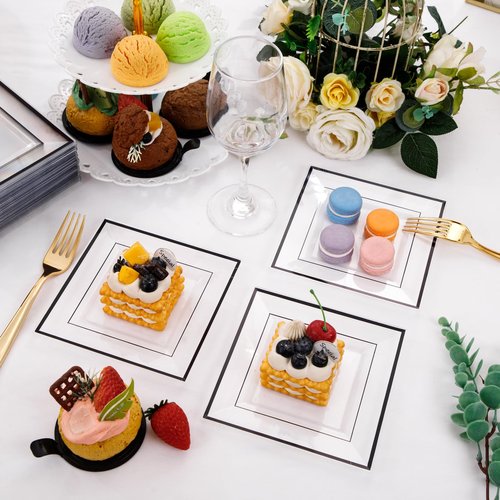 bUCLA 100PCS Black Square Plastic Plates Disposable - 6 inch Clear and Black Dessert/Cake Plates - Premium Hard Square Small Appetizer for Party, Halloween & Graduation