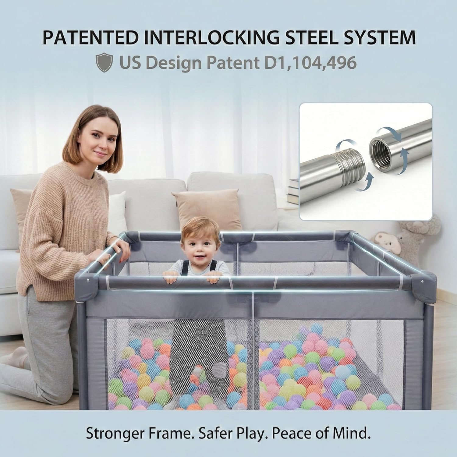 Orian Playpen - Large 50x74 Baby Play Yard | Sturdy Indoor/Outdoor Mesh Sides, Safe Play Area