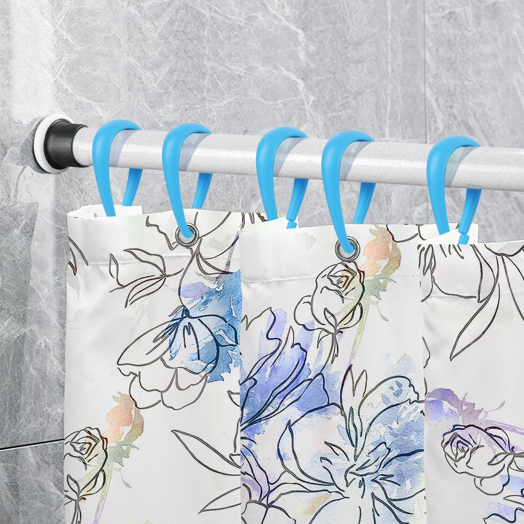 Top-spring Light Blue Plastic Shower Curtain Hooks Rings - 12 Pcs Drop Shaped Sky Blue Shower Hooks for Curtain Bathroom Shower Rod