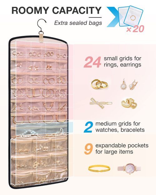 BAGSMART Hanging Jewelry Organizer, Necklace Holder Anti-tangle Earrings Rings Hanger with 20 Jewelry Bags Travel Storage Roll with Pockets Hang on Closet, Wall, Door,1 Piece, Large, Black