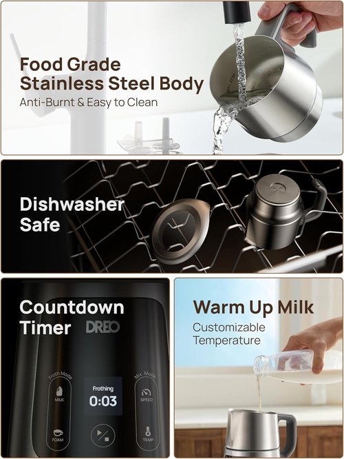 DREO Electric Milk Frother - All-in-One Foam Maker for Coffee | 15oz Automatic Latte Art Microfoam, Easy to Clean