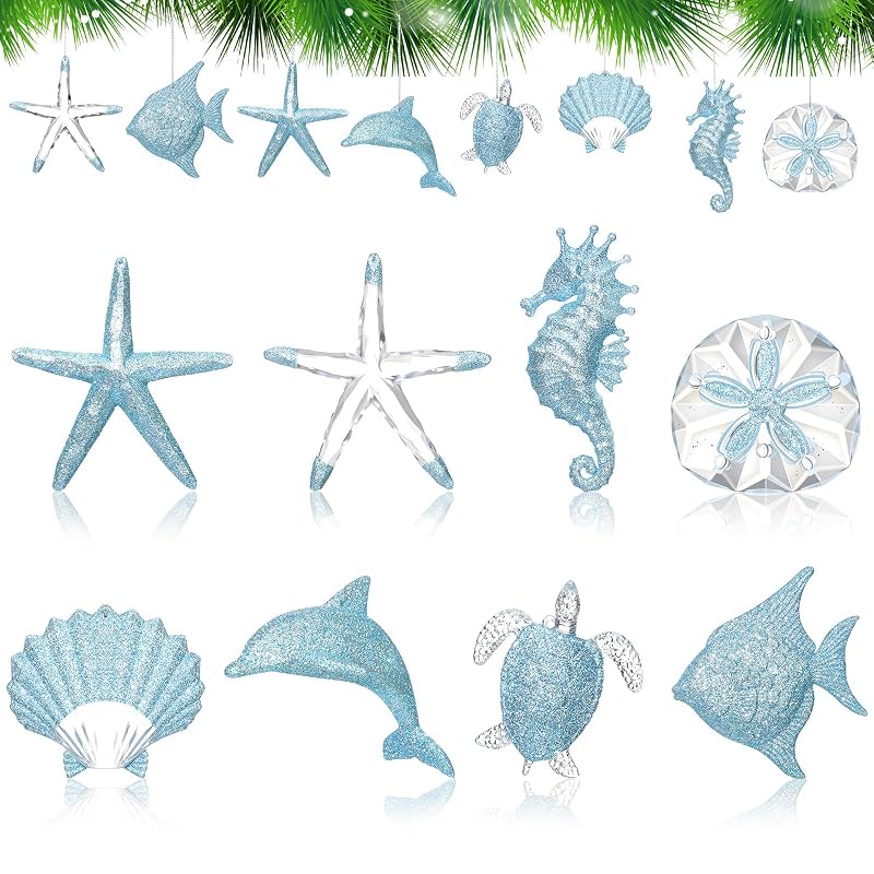 16 Pack Beach Christmas Ornaments – Acrylic Starfish, Shells & Sea Life Hanging Decor