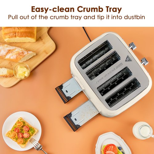 Roter Mond Toaster 4 Slice Retro Stainless Steel with Extra Wide Slots Bagel, Defrost, Reheat Function, Dual Independent Control Panel, Removable Crumb Tray, 6 Browning Levels, Cream White