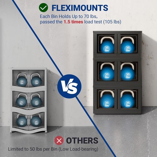 FLEXIMOUNTS Stackable Storage Bins - Collapsible Plastic Bins With Lids & Wheels | 3 Pack, Black