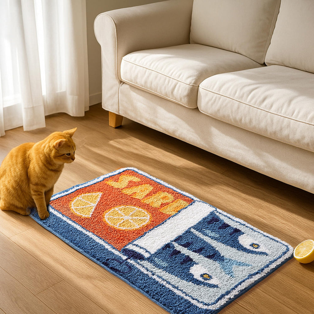 TRUEDAYS Sardine Can Bath Mat, Blue Bathroom Rugs for Bedroom, Soft Washable Rug Non Slip Cute Kitchen Bath Mats for Bathroom Funny Cartoon Fish and Lemon