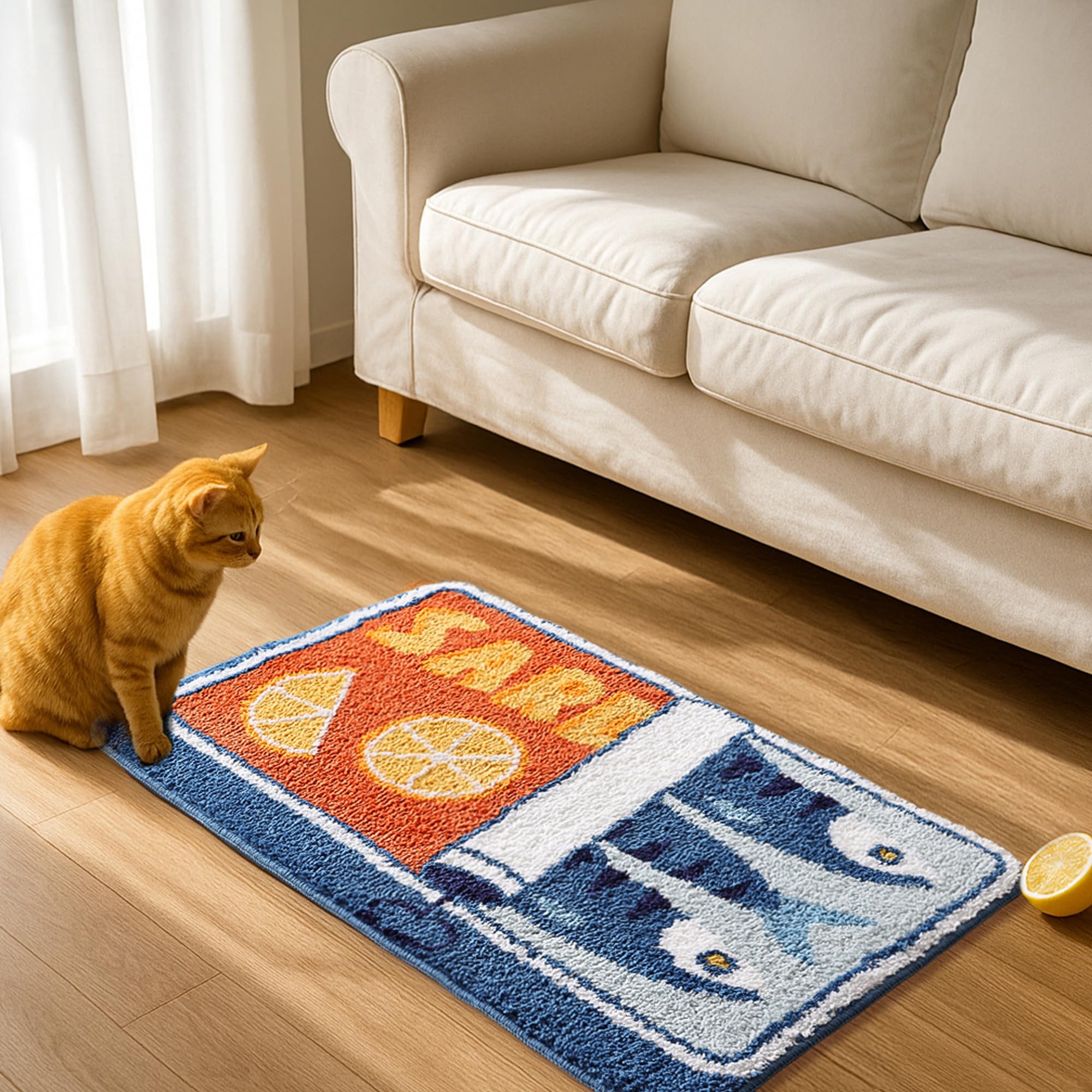 TRUEDAYS Sardine Can Bath Mat, Blue Bathroom Rugs for Bedroom, Soft Washable Rug Non Slip Cute Kitchen Bath Mats for Bathroom Funny Cartoon Fish and Lemon