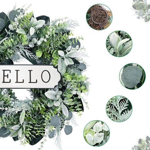 Hello 24-Inch Boxwood Wreath - Farmhouse Eucalyptus & Flocked Lamb's Ear for Front Door Decor