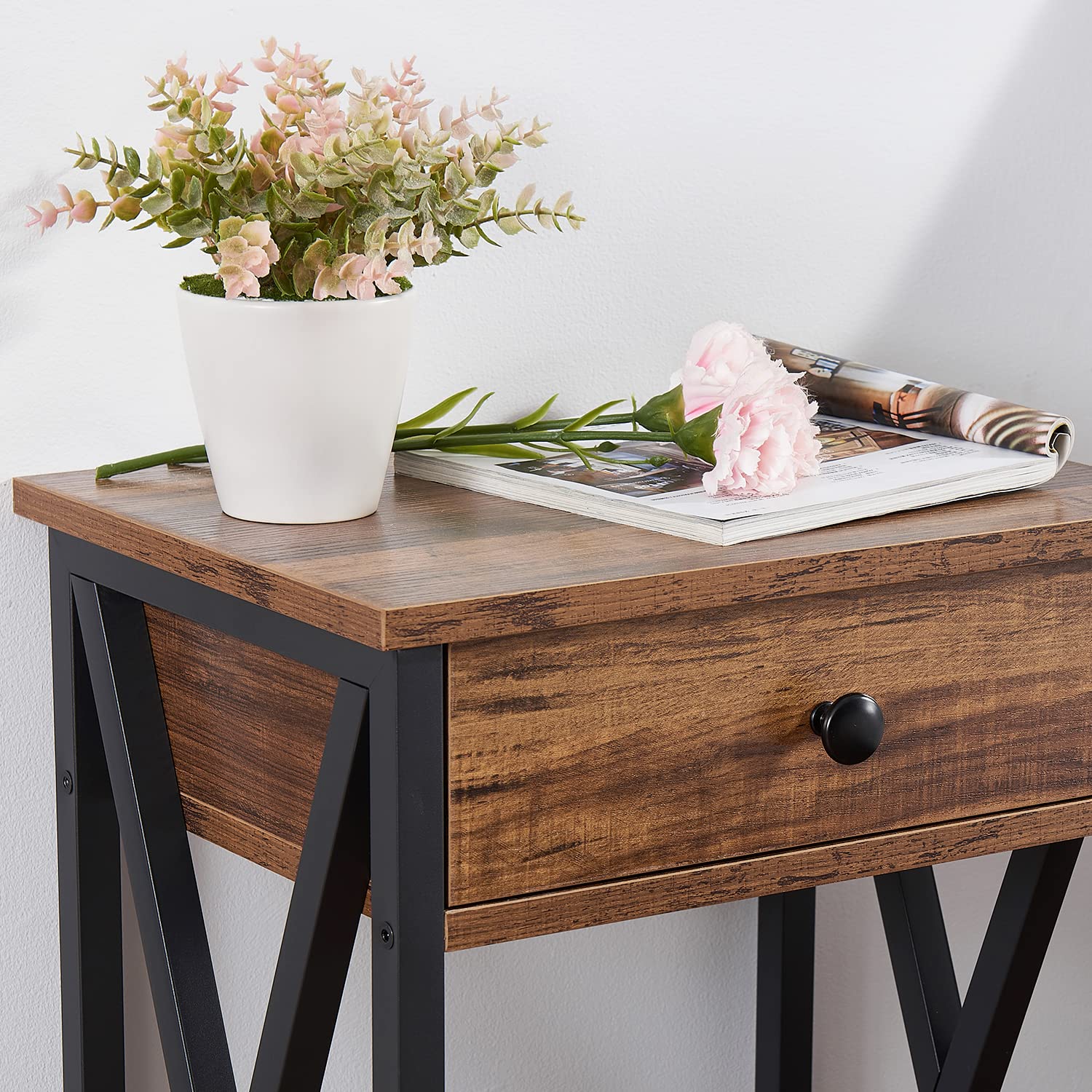 VECELO End Table 28 Inch Tall End Table Easy Assembly Side Table Nightstand Storage Shelf for Living Room Bedroom Kitchen Stable Wood and Metal Frame,Dark Brown