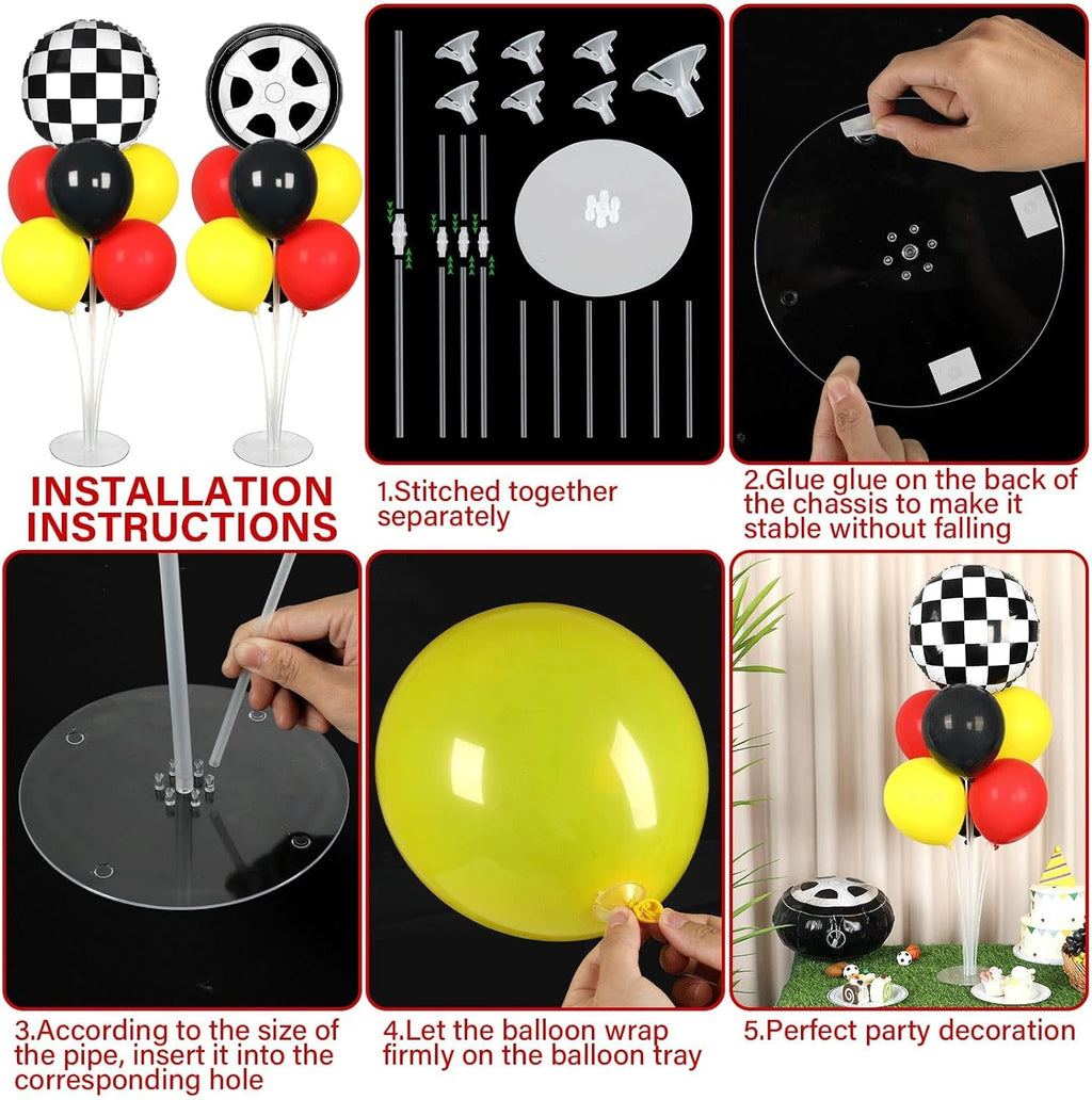 Race Car Party Balloons Kit - 2 Sets with Checkered Foil Balloons | Red, Black & Yellow Birthday Decor for Boys