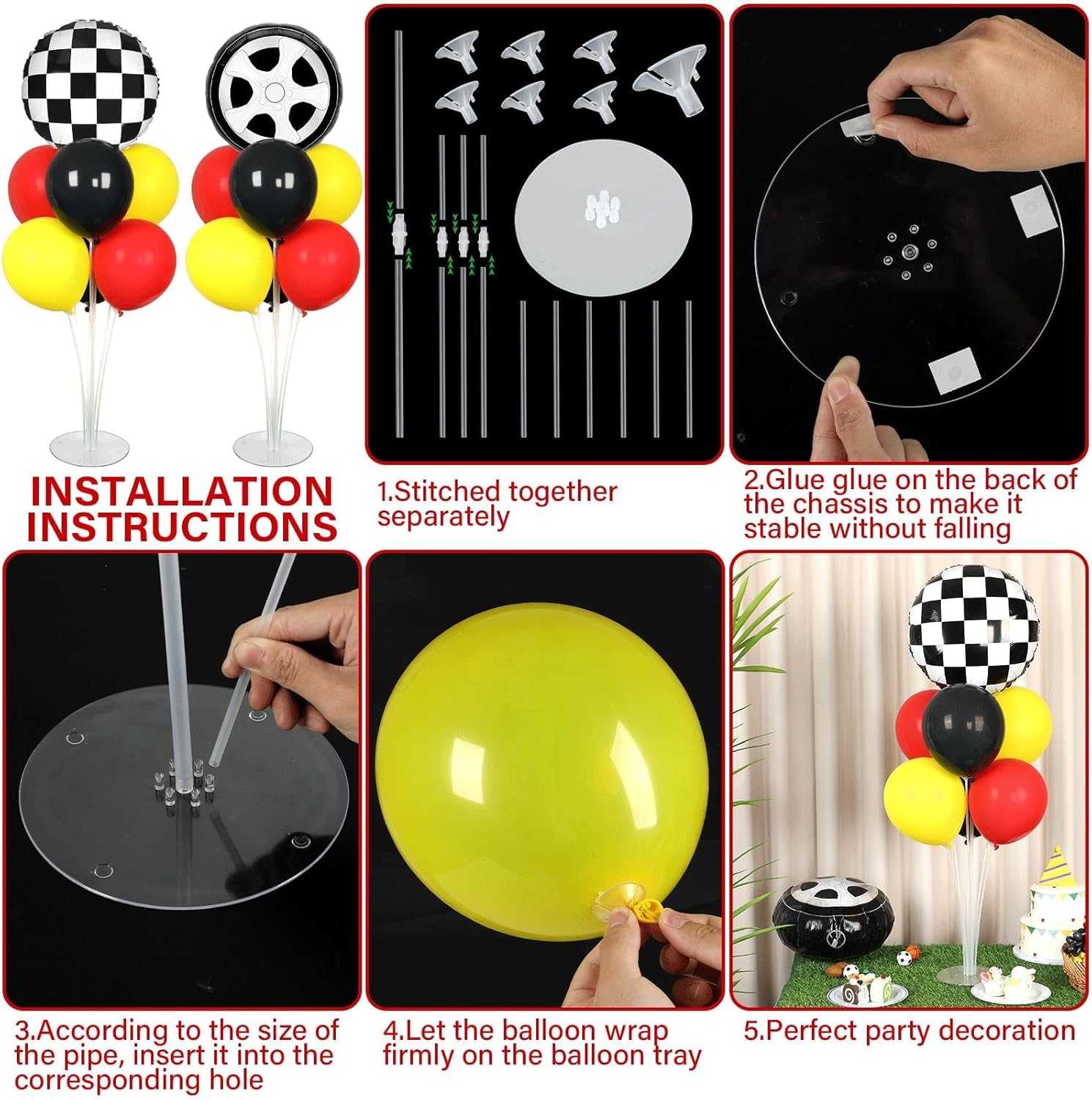 Race Car Party Balloons Kit - 2 Sets with Checkered Foil Balloons | Red, Black & Yellow Birthday Decor for Boys