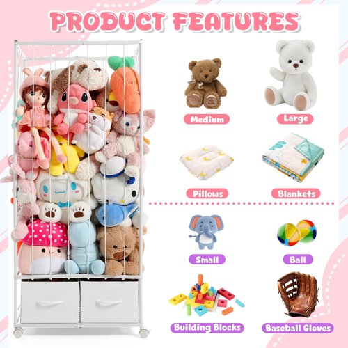 Stuffed Animal Storage Organizer, Jumbo Metal Stuffed Animal Zoo with 2 Drawers and Lockable Casters, 54"x24"x16.5" Extra Large Stuffed Animal Storage Holder Organizers for Playroom Bedroom Nursery