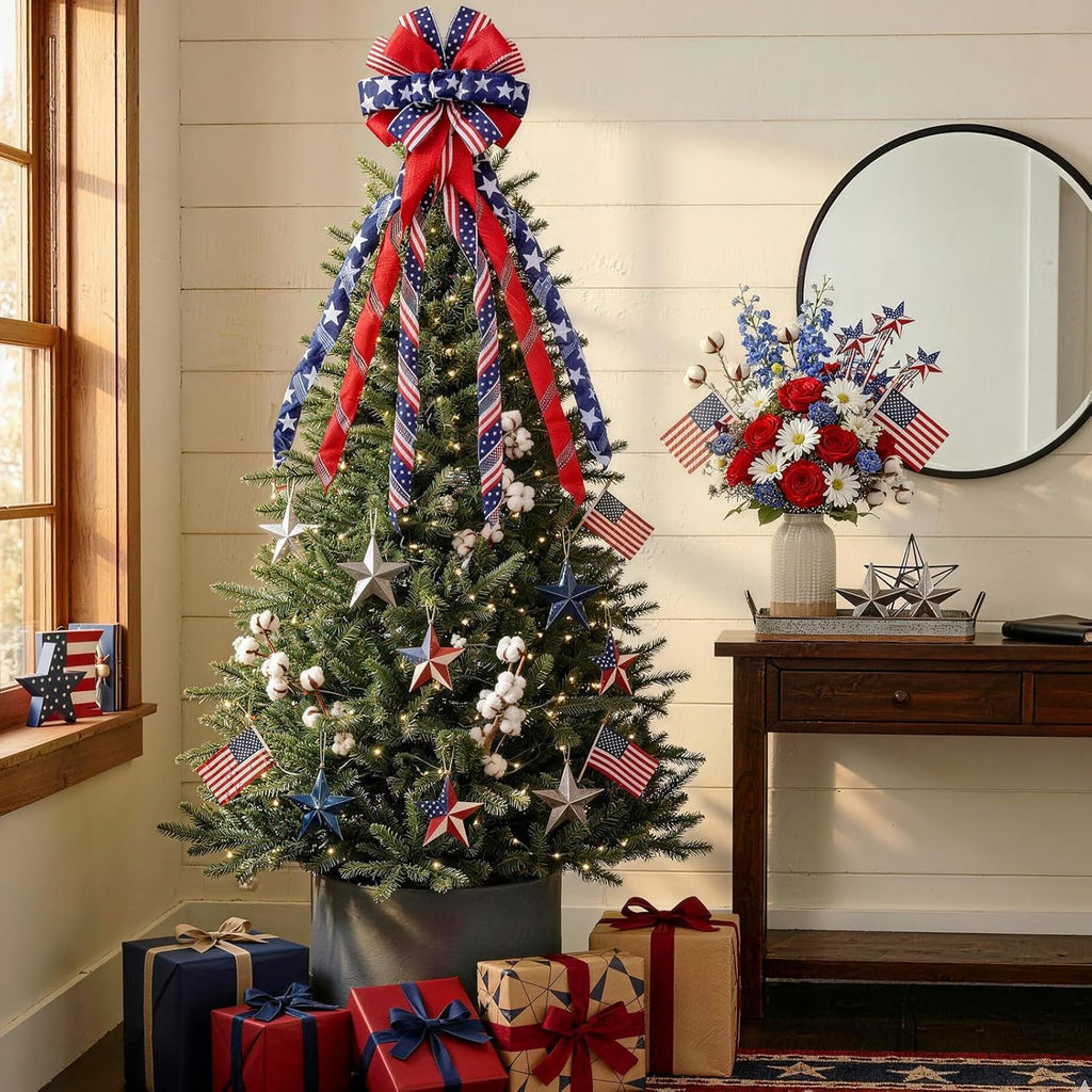 Patriotic 4th of July Tree Topper Bow by [Brand Name] - Pre-Tied 52x13 Inch Ribbon for Wreaths & Decor | Red, Blue, White