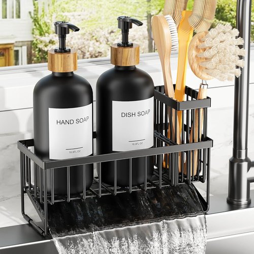 Cisily Dish Soap Dispenser Set - 2 Pack Black Glass Bottles with Adjustable Sponge Holder | 16.9oz