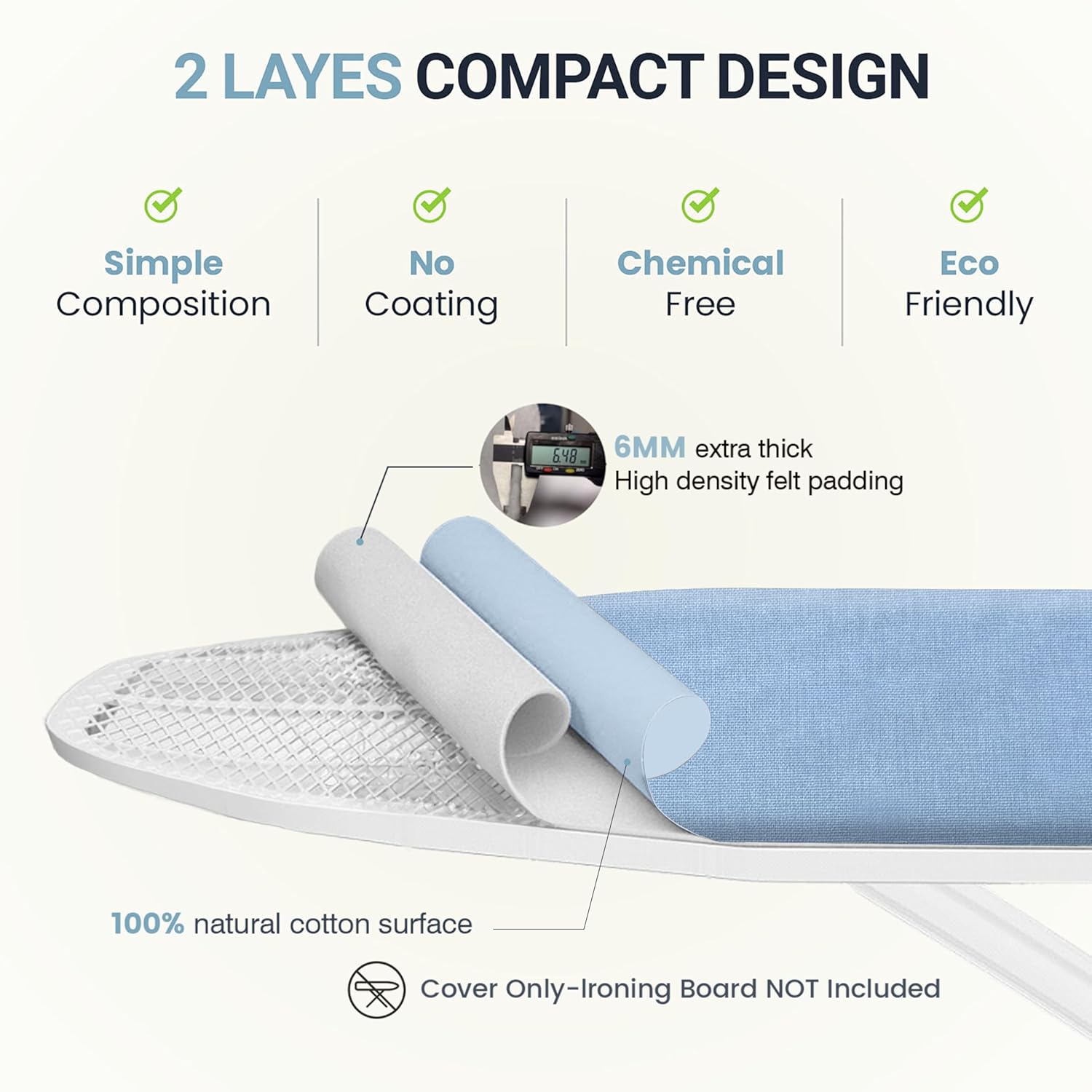 UniSimp Ironing Board Cover - Extra Thick Natural Cotton, Scorch & Stain Resistant | 15"x54" Heatproof Blue