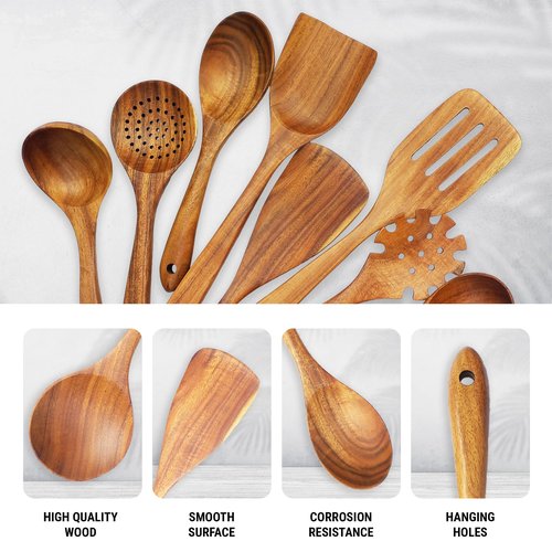 DADU BADU 10 Piece Teak Wood Utensil Set - Non-Toxic, Ultimate Kitchen Cooking Spoons & Spatulas for Nonstick Cookware - Includes Pasta Spoon, Ladle & Skimmer - Premium Wooden Utensil Gift Set