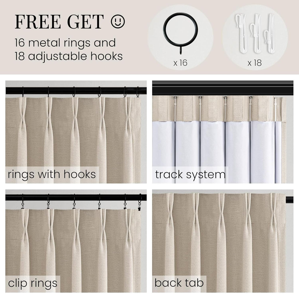 Topfinel Oatmeal Blackout Curtains - 84 Inch Long Pinch Pleated Drapes | Energy-Efficient Flax Linen, 2 Panels Set