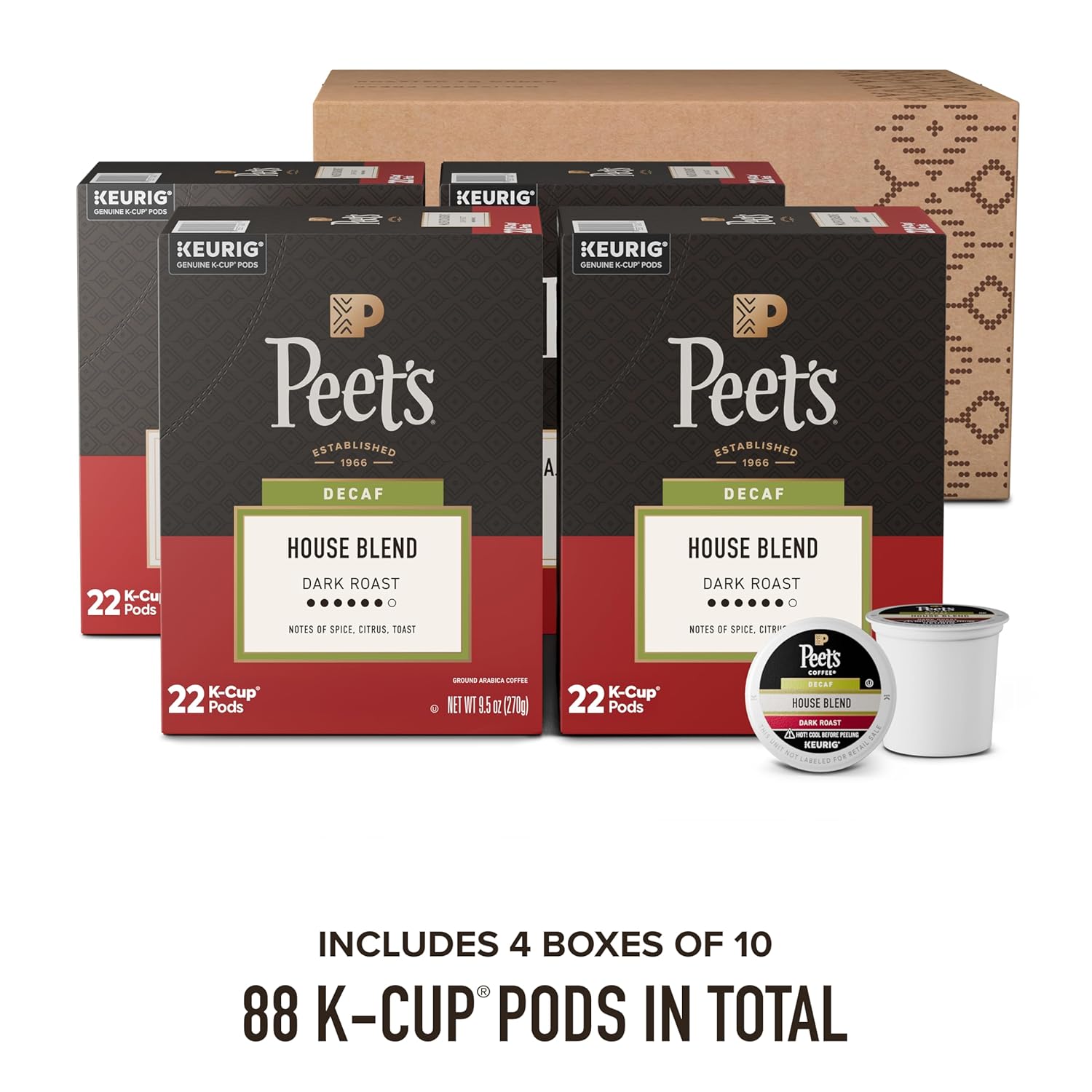 Peet's Coffee Dark Roast Decaf K-Cup Pods - Decaffeinated Arabica House Blend, 88 Count (4 Boxes)