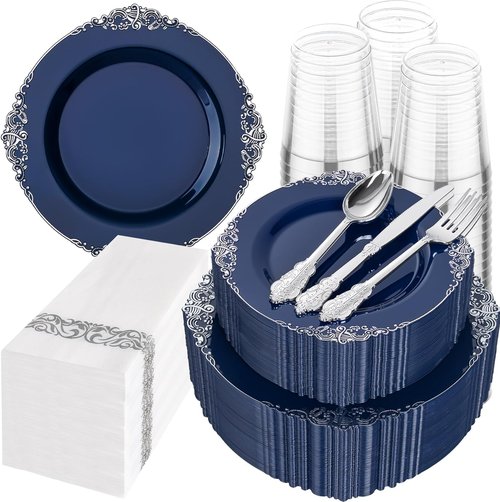 Hioasis 350-Piece Blue and Silver Party Plates Set - Heavy-Duty Plates, Cutlery, Cups & Napkins for 50 Guests